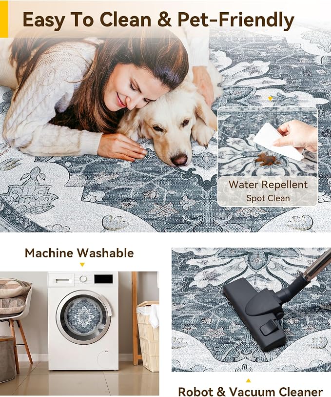 RELEANY Washable Area Rug, Round 5ft, Water Repellent, Pet Friendly, Vintage - Image 5