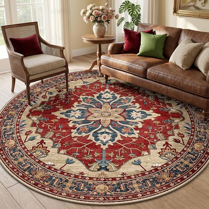RELEANY Washable Area Rug, Round 6ft, Water Repellent, Pet Friendly, Vintage by RELEANY