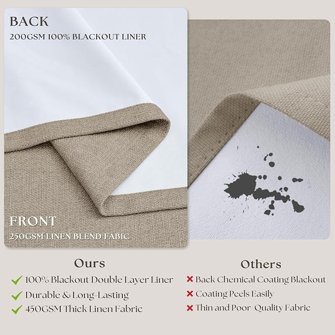 Deep Flax Blackout Pinch Pleat 100 Inch Linen Curtains 2 Panels Set | - Image 4