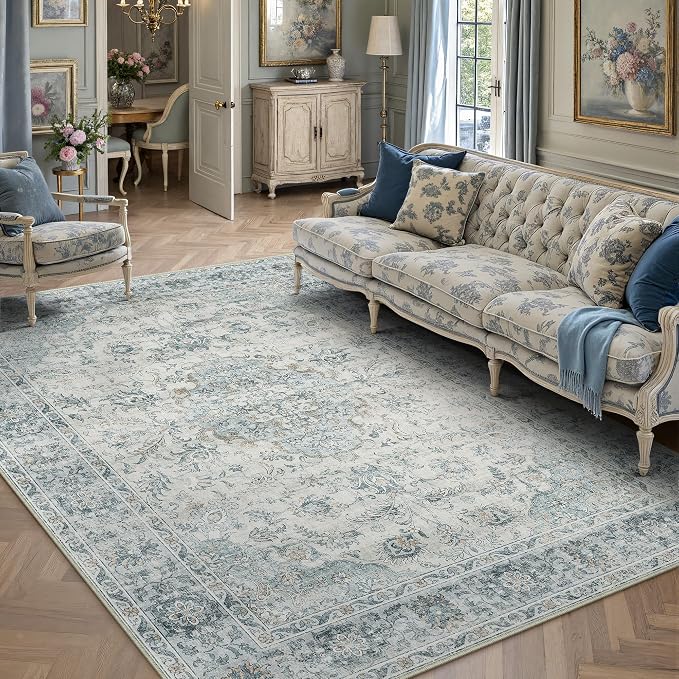 6x9 Light Blue Retro Floral Washable Area Rug by HUGEAR