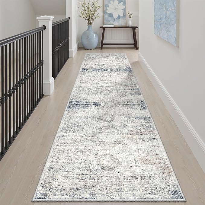 Soalmost Runner Rug 2x8 Washable Hallway Kitchen Runners Blue/Ivory | Non-Slip - Image 2