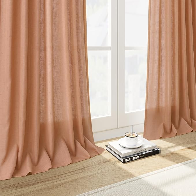 Peach Quartz Linen Curtains 108 Inch Length 2 Panel Set Back Tab Loop Pocket - Image 6