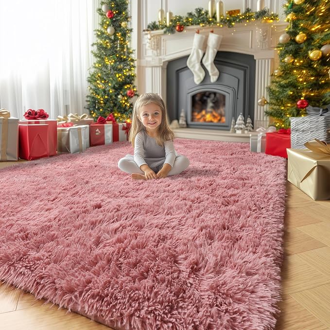 Amdrebio Blush Pink Furry Shag Area Rug 4x6 by Amdrebio