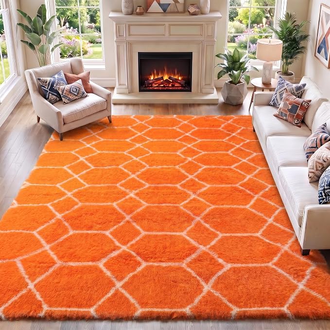 Area Rugs for Living Room, 5x8 Fluffy Orange and White Bedroom Trellis Rug | by ONASAR
