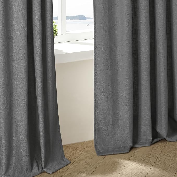 Charcoal Grey Pleated Linen Semi Sheer Curtains 45 Inch Length 2 Panels | - Image 7