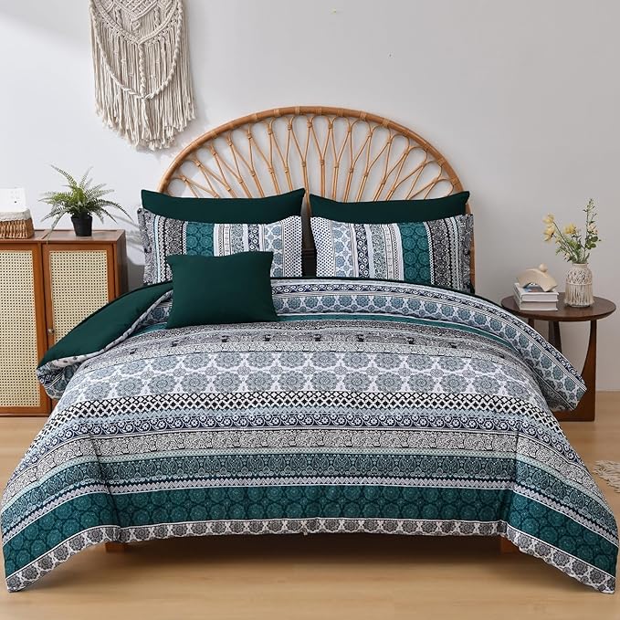 Cottolester Boho Comforter Set Queen Size,8 Pieces Emerald Green Bohemian Striped Bed in a Bag,Paisley Soft Microfiber Bedding Comforter Set