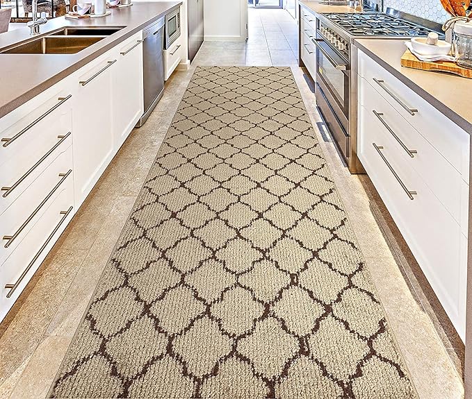 Custom Size Modern Runner Rug Carpet for Hallway Entryway Foyer Kitchen, Slip Resistant Latex Rubber Backed 31 inch Wide X Customized Length, Trellis Beige, 31 inch X 8 feet