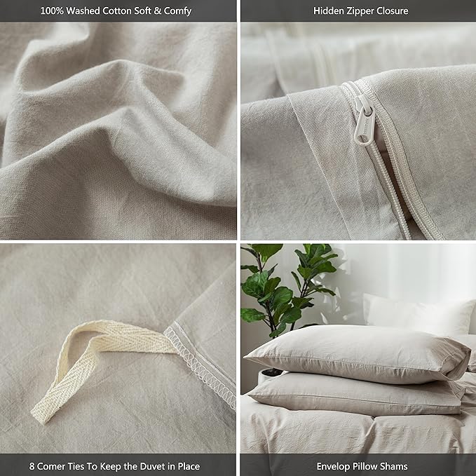 MooMee Bedding Duvet Cover Set 100% Washed Cotton Linen Like Textured Breathable Durable Soft Comfy (Heathered Cream Grey, Oversized Queen 98"x98")