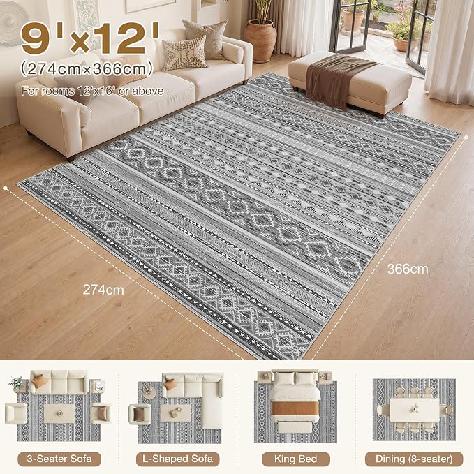 cotiled Boho 9x12 Area Rug for Living Room: Large Moroccan Washable Rug | Stain - Image 8