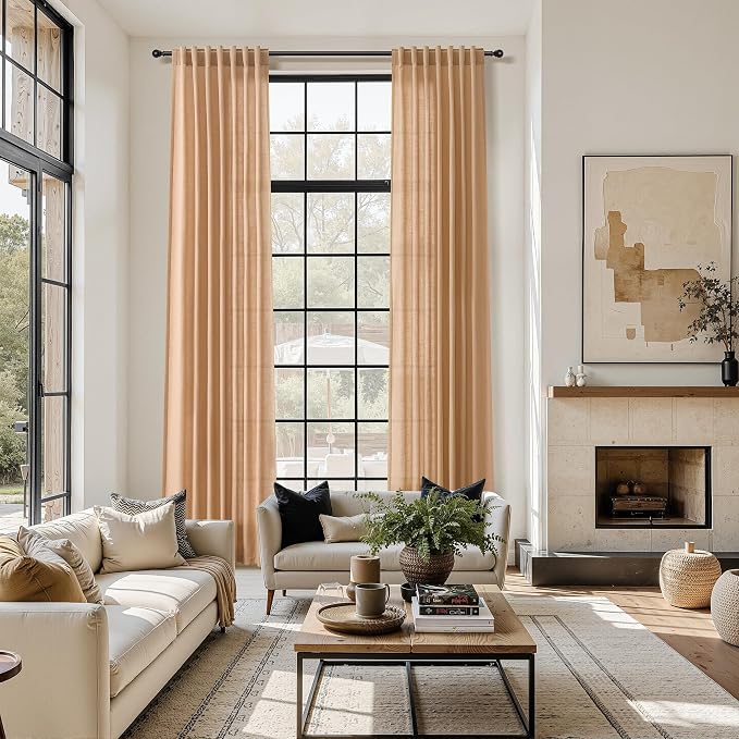 Camel Linen Curtains for Living Room Extra Long 132 Inches Long Back Tab Light by Nanspring