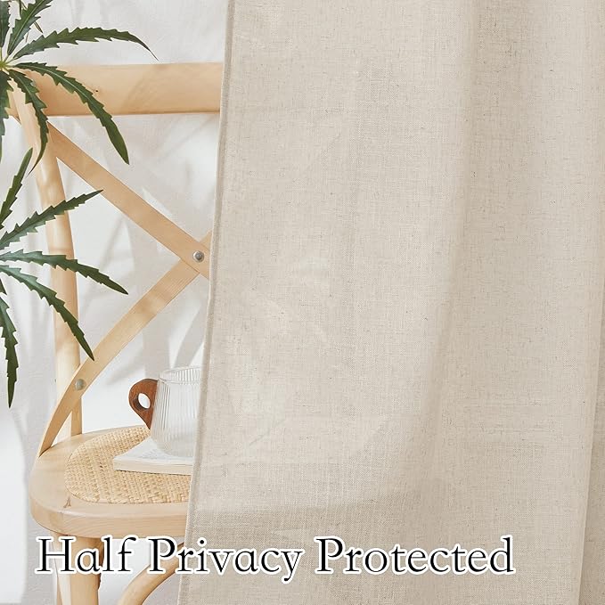 RYB HOME Linen Sheer Curtains - Semi Sheer Light Filtering Privacy Curtains, Country Rustic Window Draperies for Living Room Closet Nursery Doorway, W 52 x L 72, 2 Panels, Beige