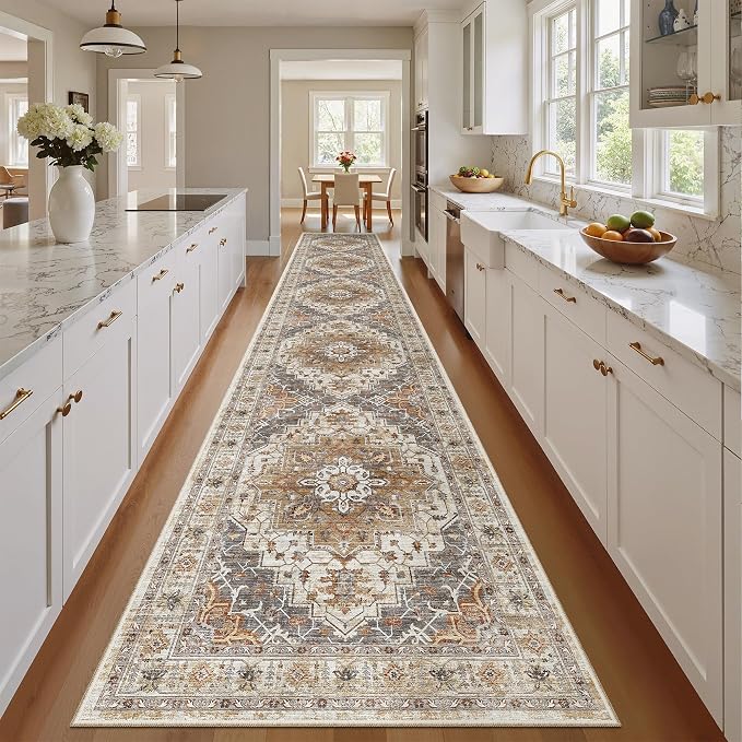 Madane Hallway Runner Rug 2'6''x16' Kitchen Runners Vintage, Turmeric/Grey | - Image 4