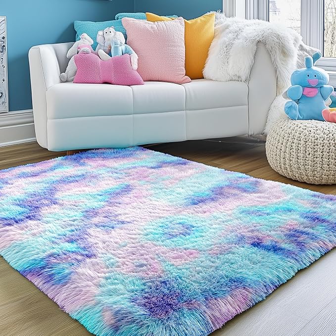 Plush Rainbow Mermaid Rugs for Bedroom Girls, 6x9 Soft Purple Shag Area Rugs - Image 8