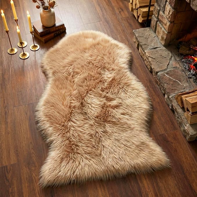 duduta Beige Faux Sheepskin Rug 2x3 ft, Small Faux Fur Chair Covers | Shag by duduta