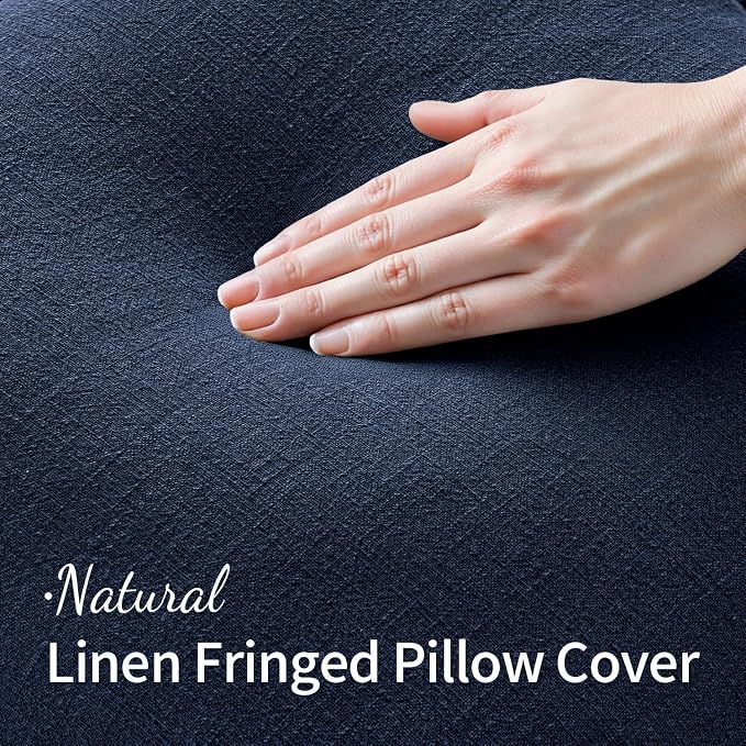 MIULEE Linen Fringe Decorative Euro Throw Pillow Covers Dark Navy 26x26 | Set - Image 2
