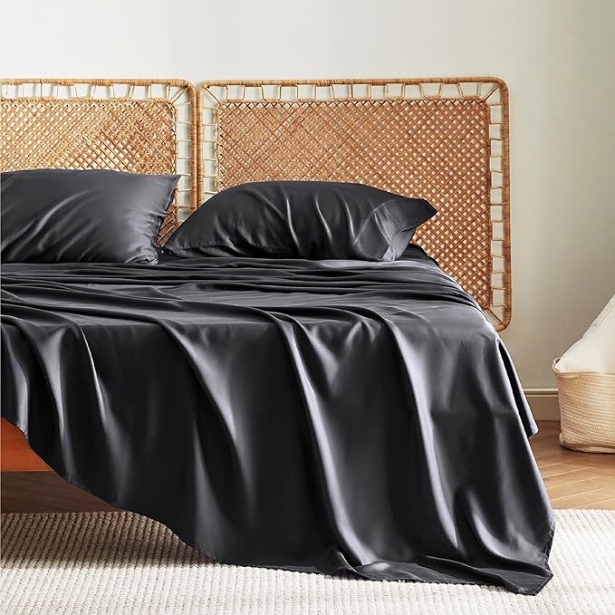 Bedsure Cooling Sheets Twin XL, Rayon Derived from Bamboo, Breathable & Soft Twin XL Sheet Sets, Deep Pocket Up to 16 Inches, Hotel Luxury Silky Dorm Bedding for Hot Sleepers, Black