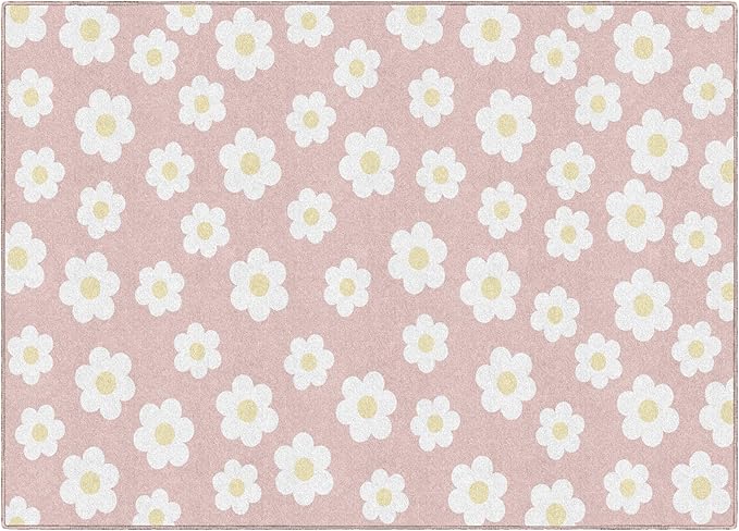 Flagship Carpets Schoolgirl Style Retro Daisies on Pink Educational Area Rug for Kids Room Seating Décor, Children's Classroom, Play Carpet for Teaching and Playroom, 5' x 7'6"