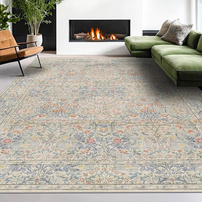 Vintage Washable Beige Blue 10x14 Rug - Image 5