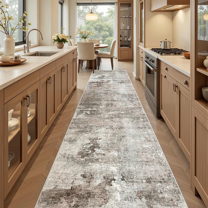 Soalmost Abstract Runner Rug 2x10 Hallway Kitchen Runners Pink/Grey | Vintage - Image 2