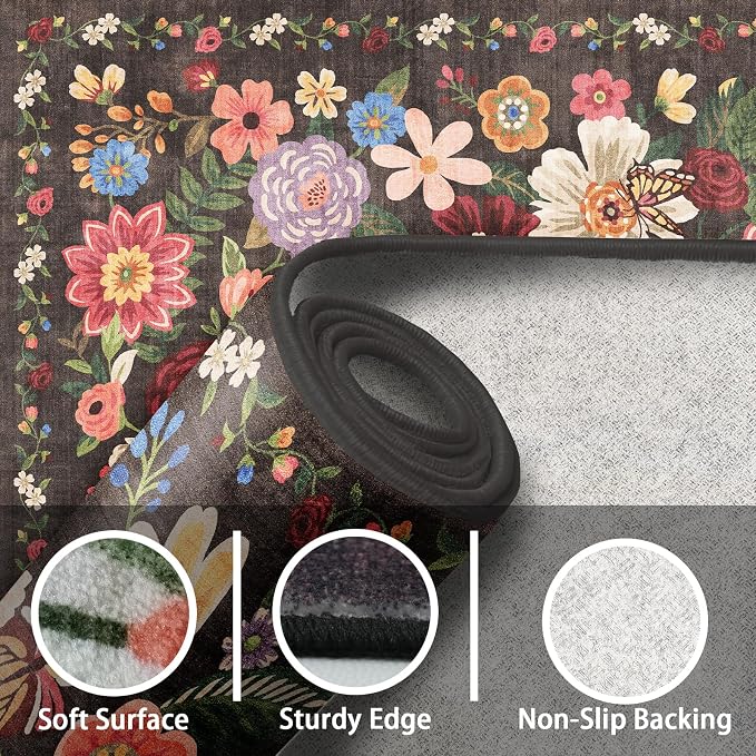Black Brown Floral Hallway Runner Rug 2x8 - Image 5