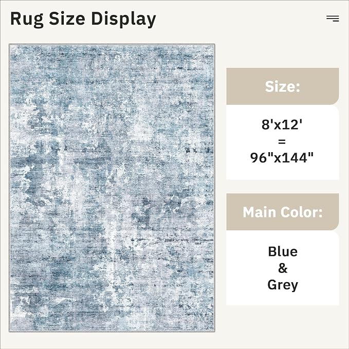 Soalmost Abstract Rug 8x12 Large Living Room Area Rugs Washable Blue/Grey | - Image 5