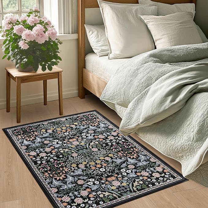 PLHXFR 2x3 Small Entryway Rug: Floral Washable Indoor Carpet Dark Black | - Image 3