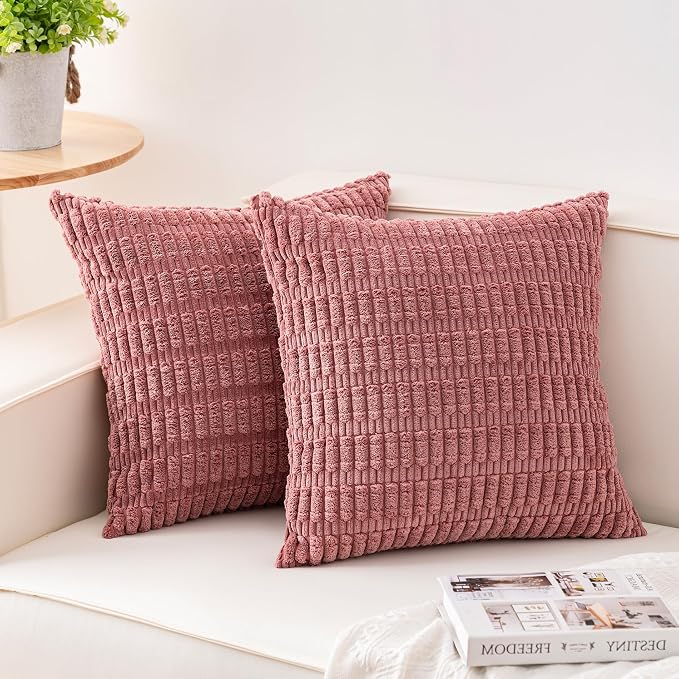 Pack of 2 Corduroy Decorative Throw Pillow Covers 18x18 Inch, Peach Pink | Fall by Unknown