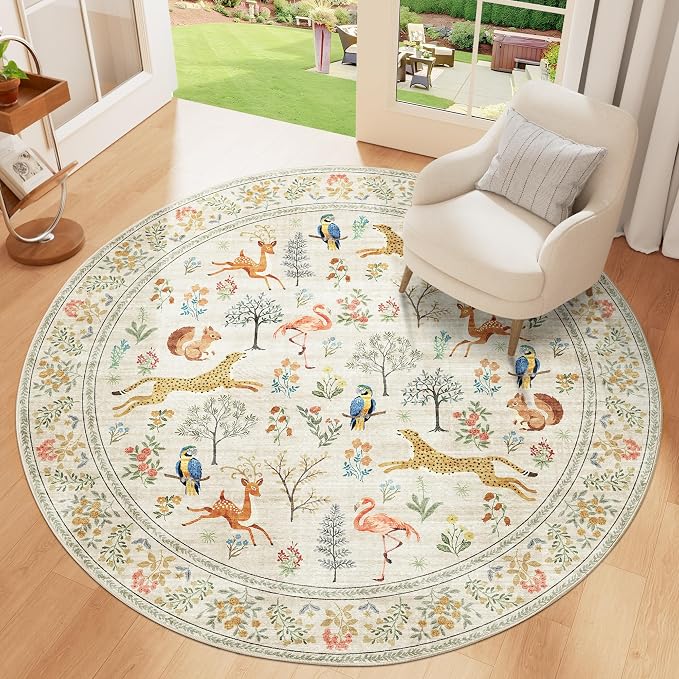DUKINO 5ft Round Rug, Washable Animal Non Slip Circle Area Rug, Non-Shedding - Image 3