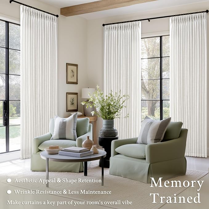 Pinch Pleated Thick Linen Light Filtering Ivory Curtains 86 Inches Length | - Image 2