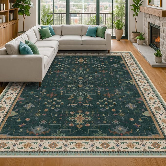 Dark Green Vintage 7x10 Washable Rugs by HazoHaus