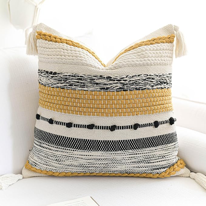 Yellow Mustard Decorative Throw Pillow Cover 18x18 Square Boho Accent by BlissBlush