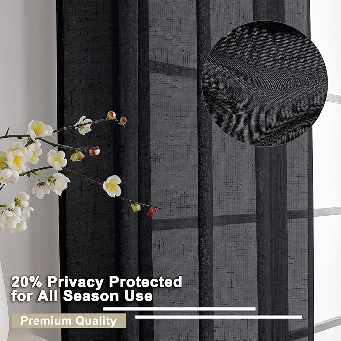 Aiyufeng Kirei Black Sheer Curtains 63 Inch Length 2 Panels, Faux Linen Slub Textured Soft Breathable Rod Pocket Light Filtering Curtain for Living Room Bedroom Kitchen, Each 40Wx63L Inch