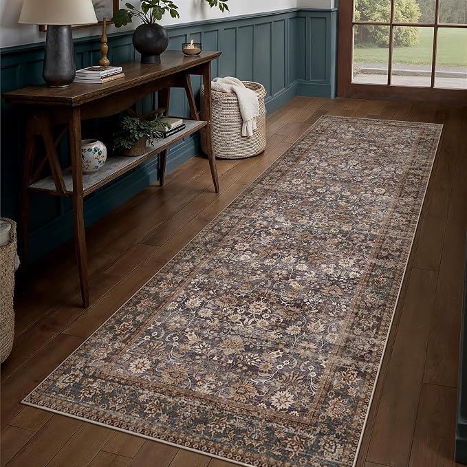 3x10 Brown Blue Vintage Floral Washable Runner Rug - Image 3
