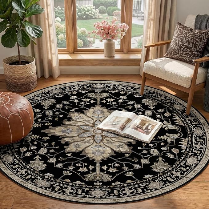 RELEANY Washable Area Rug, Round 4ft, Water Repellent, Pet Friendly, Vintage - Image 2