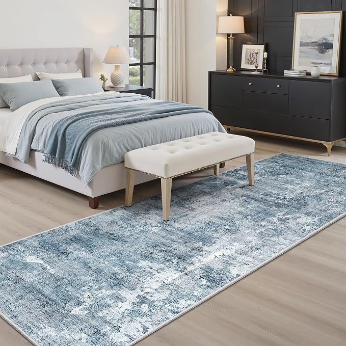 Soalmost Runner Rug 2'6"x8' Kitchen Hallway Runners Abstract Blue/Grey | - Image 4