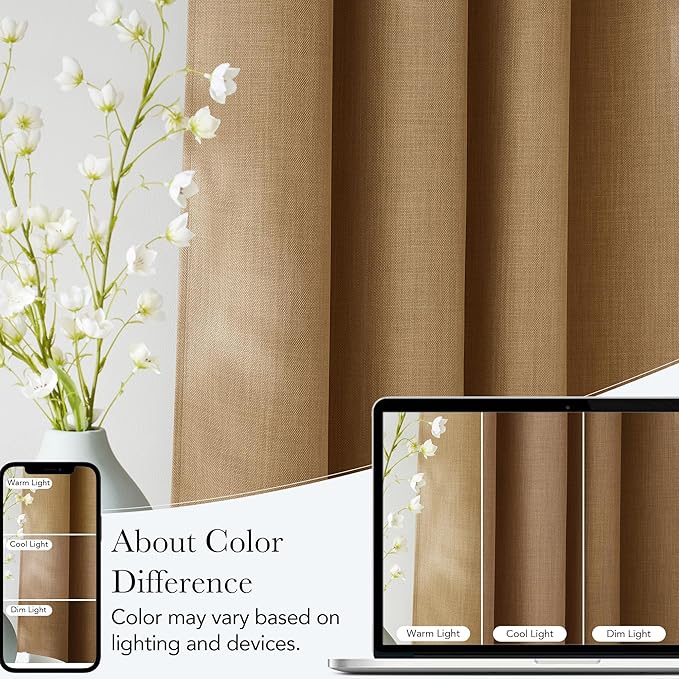 NICETOWN Faux Linen Caramel Blackout Curtains 84 inches Long for Living Room - Privacy Panels for Bedroom, Modern Farmhouse Style Easy Care Grommet Top, 2 Panels, W52 by L84