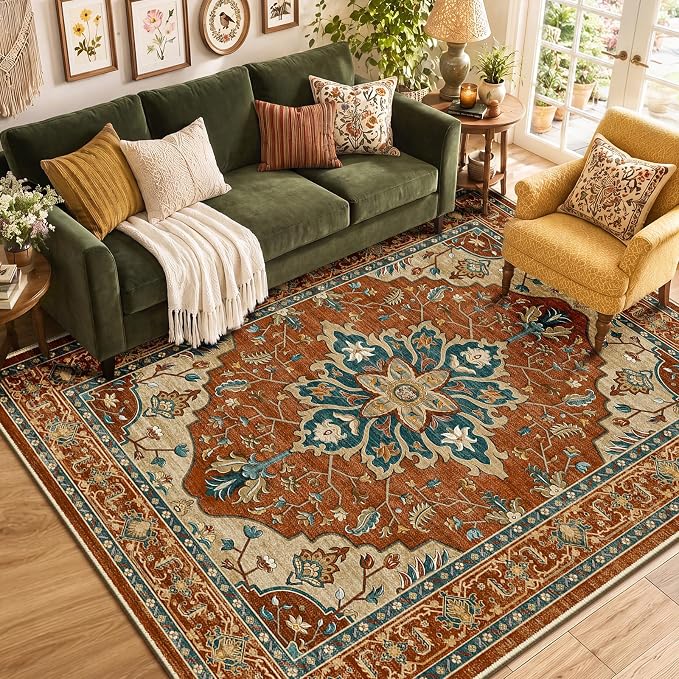 RELEANY Washable Area Rug, Water Repellent, Pet Friendly, Vintage Floral Boho by RELEANY