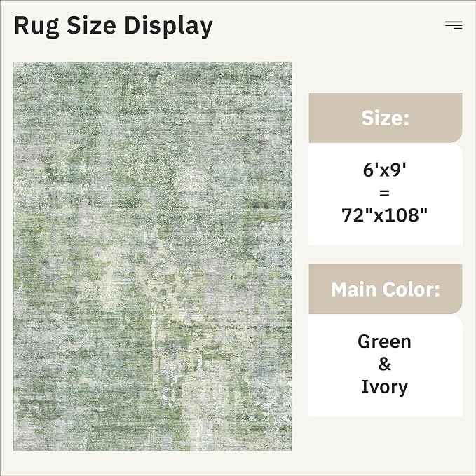 Soalmost Abstract Area Rug 6x9 for Living Room Washable Rugs Green/Ivory | - Image 5