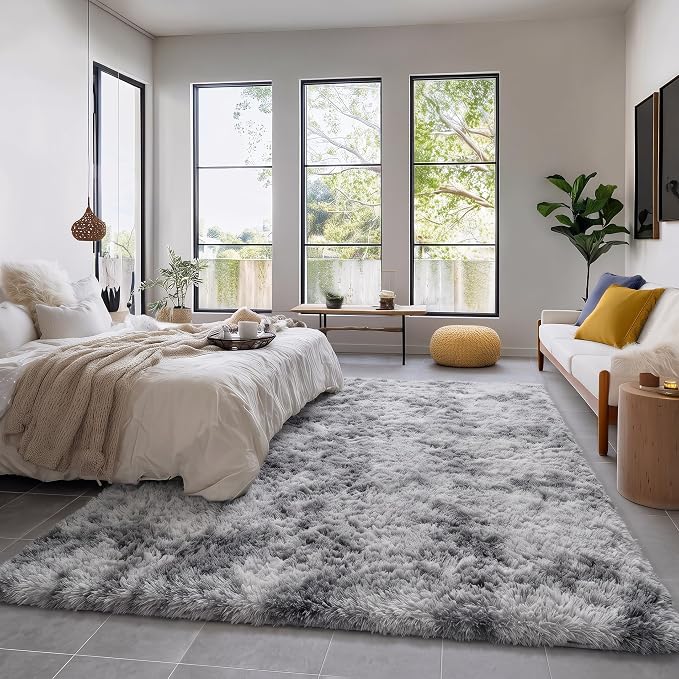 Amdrebio Tie-Dyed Light Grey Fluffy Large Rug 6x9 - Image 3