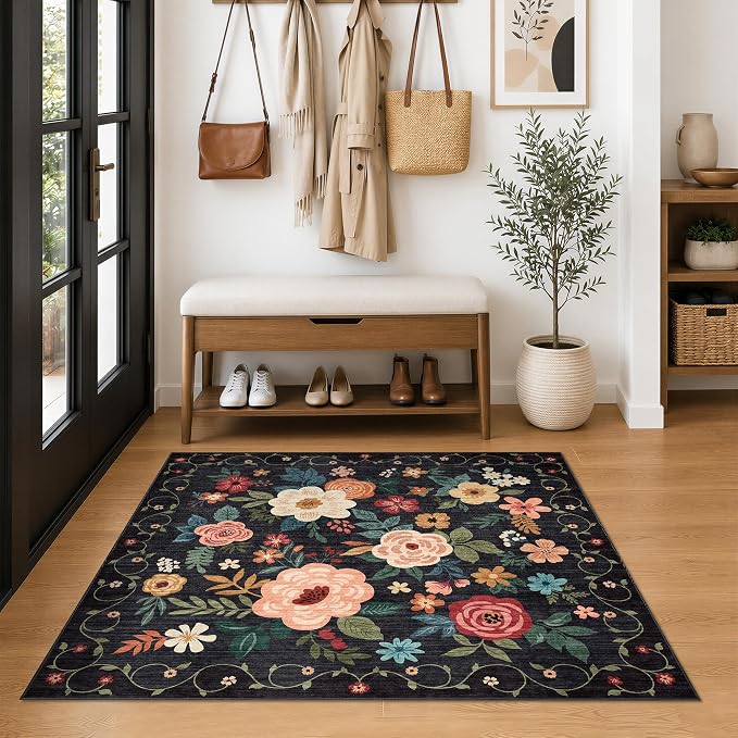 DUKINO 4x4 Square Area Rug, Soft Floral Washable Rug - Image 3
