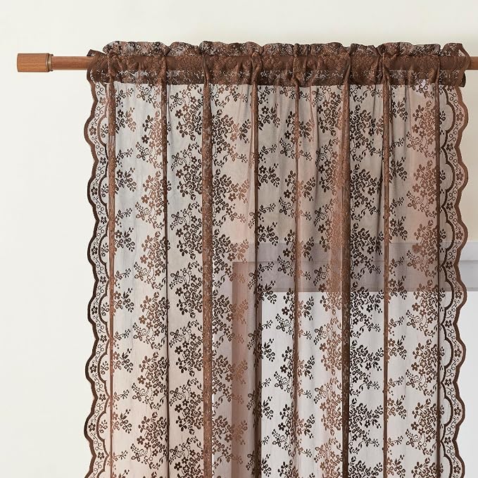 YJ YANJUN Vintage Lace Curtains 63 Inch Length-Victorian Floral Brown Sheer - Image 2
