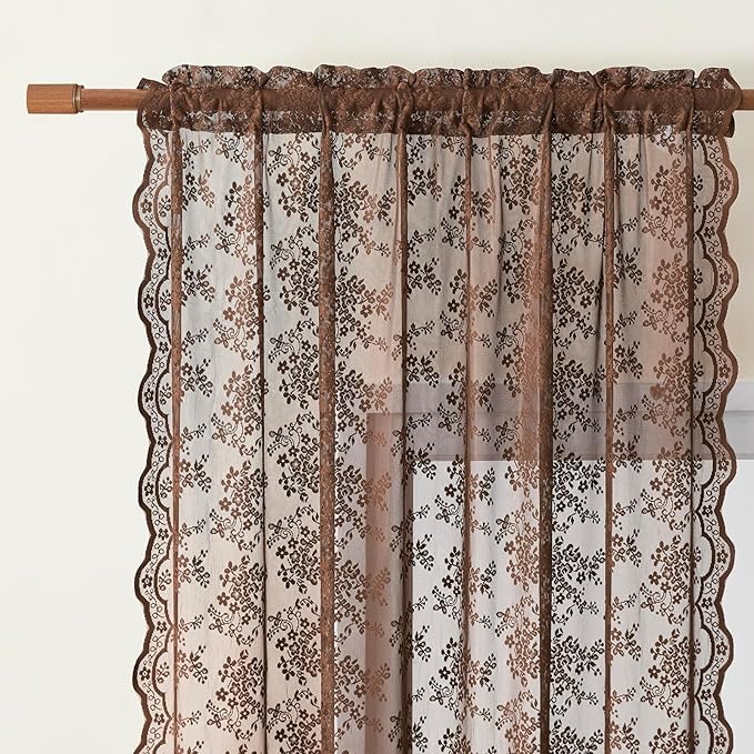 YJ YANJUN Vintage Lace Curtains 72 Inches Long- Country Brown Floral Curtains - Image 3