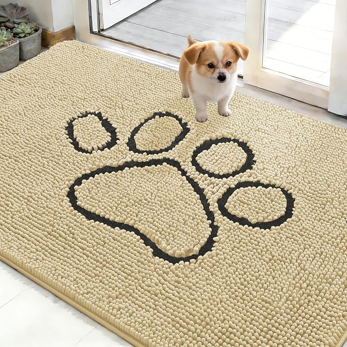 OLANLY Dog Door Mat for Muddy Paws 48x30, Paw Print Design Chenille Mud Mat | by OLANLY