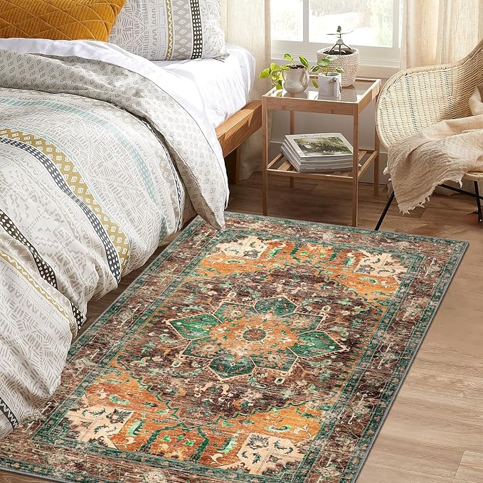 Yamaziot Washable Area Rug, 4x6 Non-Slip Boho Living Room Bedroom Rug | Stain - Image 6