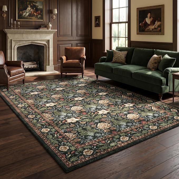 GarveeHome Green Washable Area Rug 5x7, Retro Floral Low Pile Non Slip Living by GarveeHome