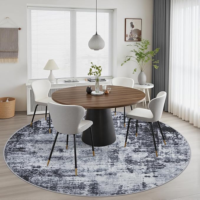Round Area Rug Living Room: 8 ft Modern Washable Carpet Dark | - Image 3