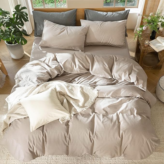 MooMee Bedding Duvet Cover Set 100% Washed Cotton Linen Like Textured Breathable Durable Soft Comfy (Heathered Taupe, Super King 108"x98")