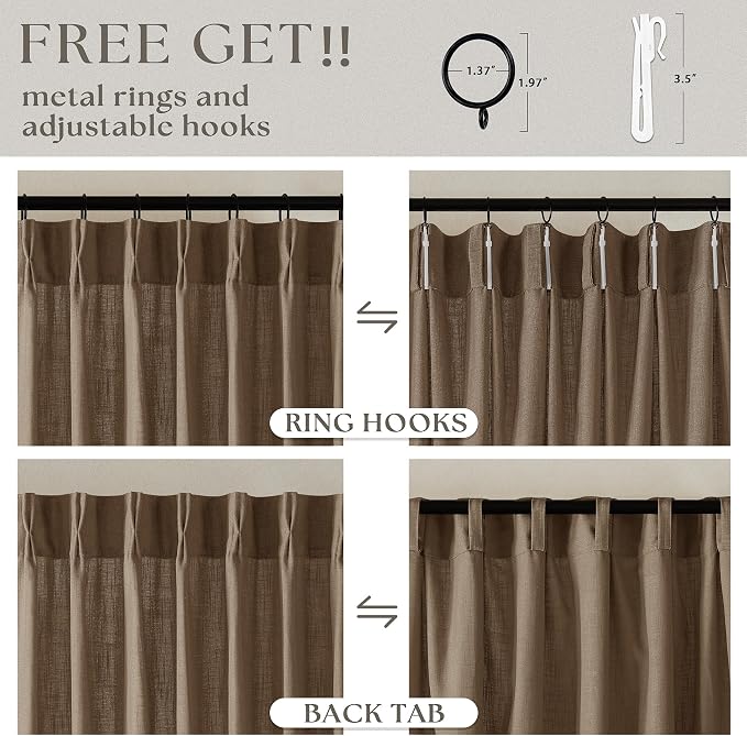 Dutch Cocoa Pinch Pleated Linen Semi Sheer Curtains 45 Inch Length 2 Panels | - Image 4