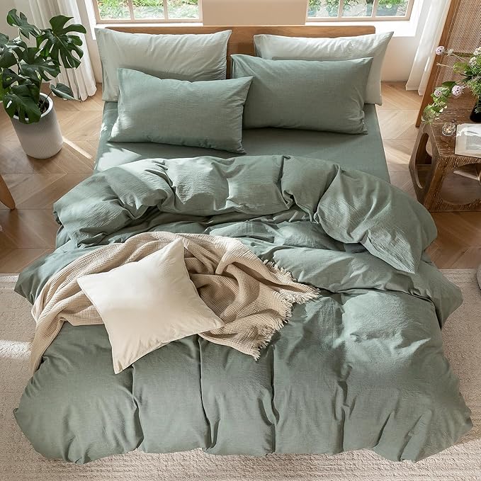 MooMee Bedding Duvet Cover Set 100% Washed Cotton Linen Like Textured Breathable Durable Soft Comfy (Heathered Green, Cal King 104"x98")