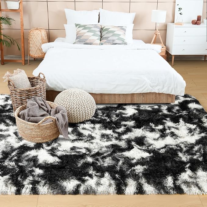 8x10 Extra Large Tie-Dyed Black and White Fluffy Area Rug Non-Slip - Image 3